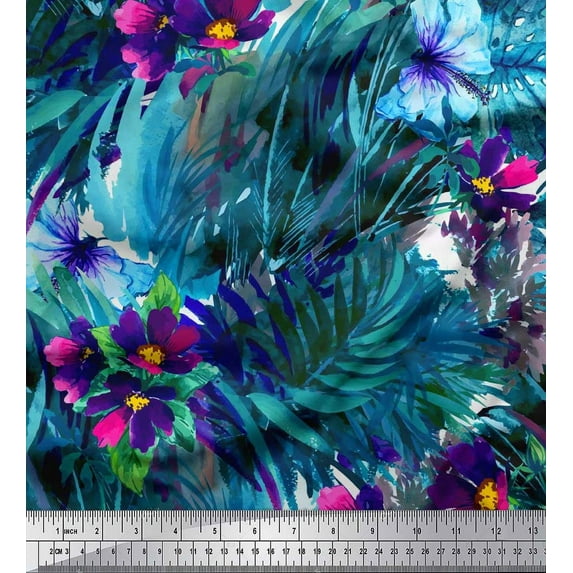 Soimoi Polyester Crepe Fabric Leaves & Floral Texture Decor Fabric Printed Yard 52 Inch Wide