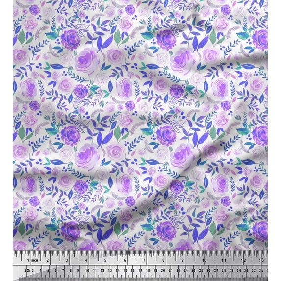 Soimoi Polyester Crepe Fabric Leaves & Grandiflora Roses Floral Decor Fabric Printed Yard 42 Inch Wide