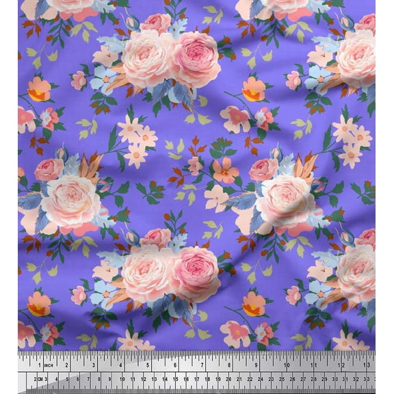 Soimoi Polyester Crepe Fabric Leaves,Periwinkle & Peony Floral Print Fabric by Yard 42 Inch Wide