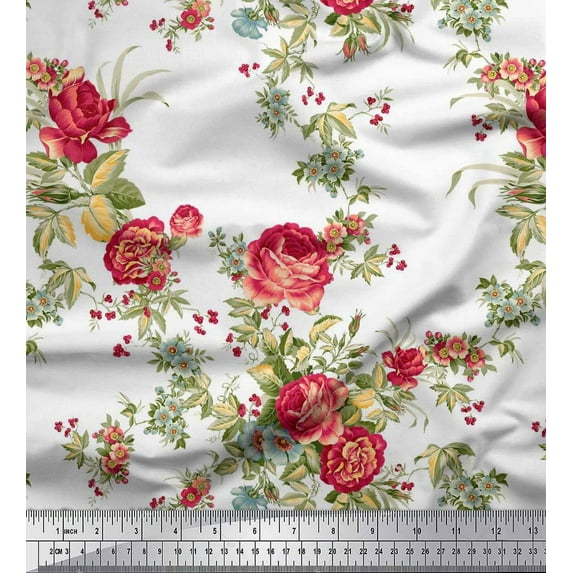 Soimoi Polyester Crepe Fabric Leaves,Red Berries & Rose Floral Printed Fabric 1 Yard 52 Inch Wide