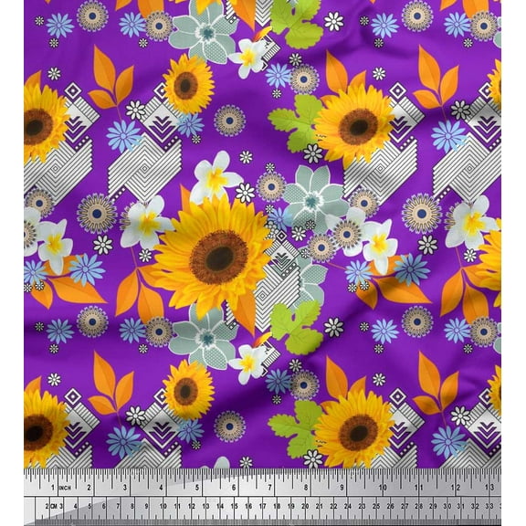 Soimoi Polyester Crepe Fabric Leaves & Sunflower Floral Print Fabric by The Yard 42 Inch Wide