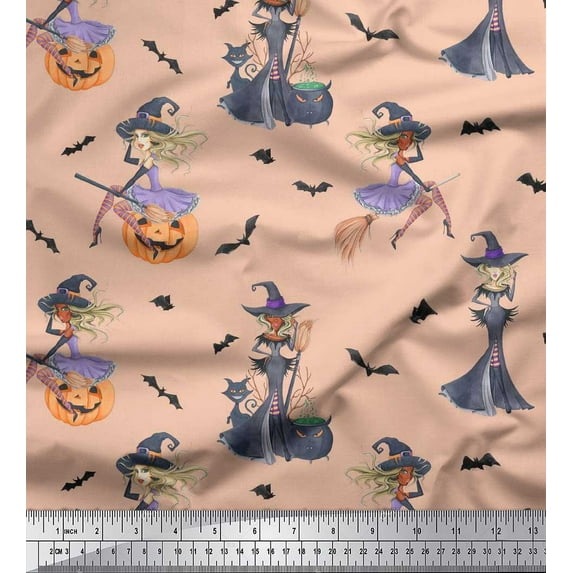 Soimoi Polyester Crepe Fabric Magic Potion,Bat & Witch Halloween Printed Fabric 1 Yard 42 Inch Wide