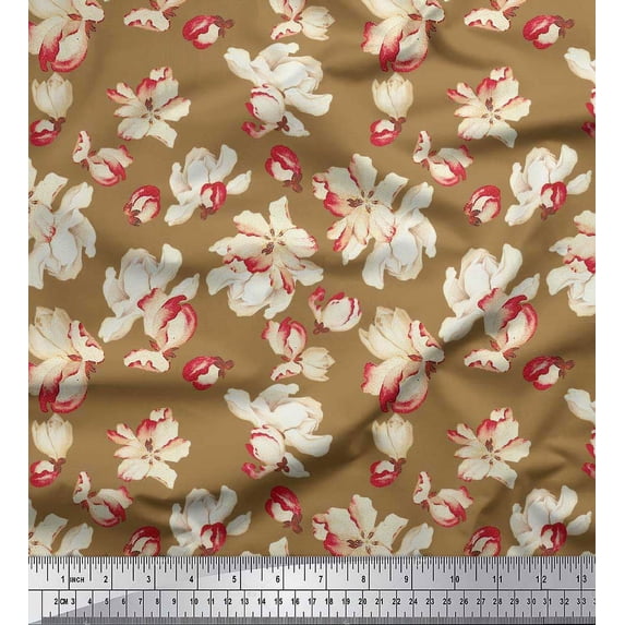 Soimoi Polyester Crepe Fabric Magnolia Floral Print Sewing Fabric Yard 42 Inch Wide