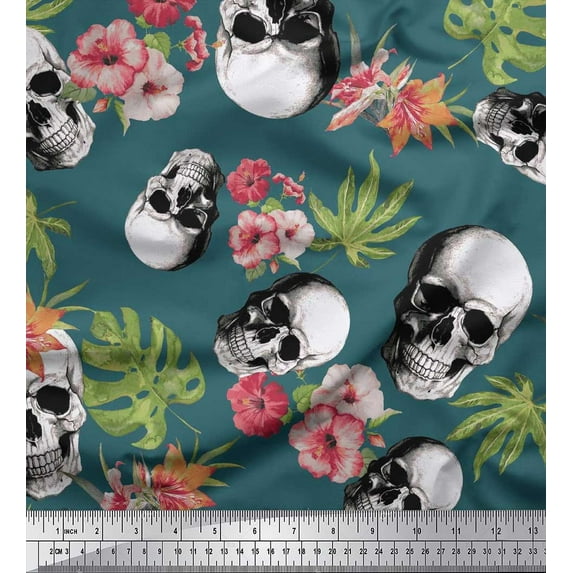 Soimoi Polyester Crepe Fabric Monstera Leaves,Floral & Horror Skull Halloween Fabric Prints by Yard 42 Inch Wide