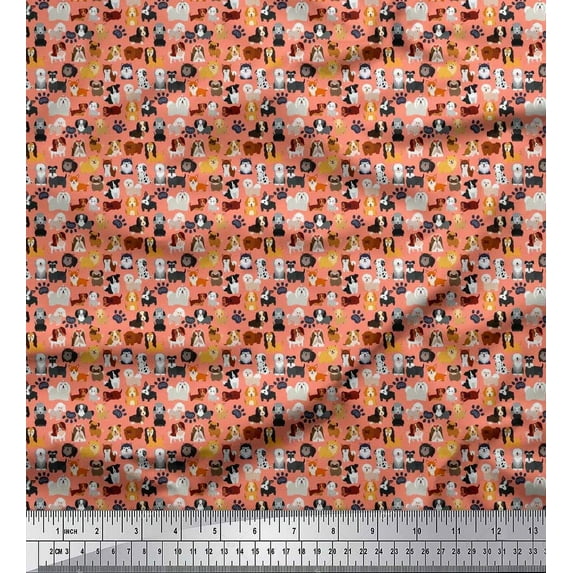 Soimoi Polyester Crepe Fabric Paw & Puppies Cartoon Fabric Prints by Yard 52 Inch Wide