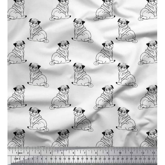 Soimoi Polyester Crepe Fabric Pug Dog Printed Fabric 1 Yard 52 Inch Wide