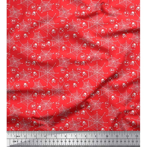 Soimoi Polyester Crepe Fabric Spider Web,Crossbone & Skull Halloween Print Fabric by Yard 52 Inch Wide