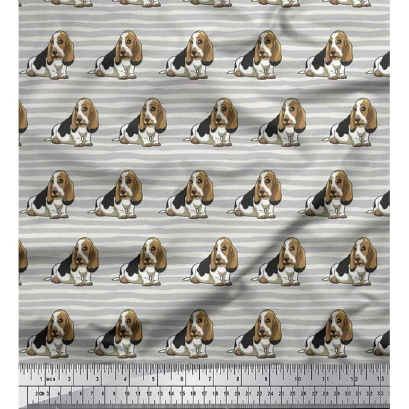 Soimoi Polyester Crepe Fabric Stripe & Basset Hound Dog Print Fabric by The Yard 52 Inch Wide