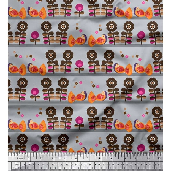 Soimoi Polyester Crepe Fabric Stripe,Bird & Floral Clip Art Printed Fabric 1 Yard 42 Inch Wide
