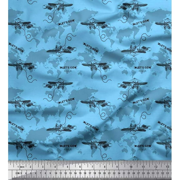 Soimoi Polyester Crepe Fabric Text,Airplane & Map Decor Fabric Printed Yard 42 Inch Wide