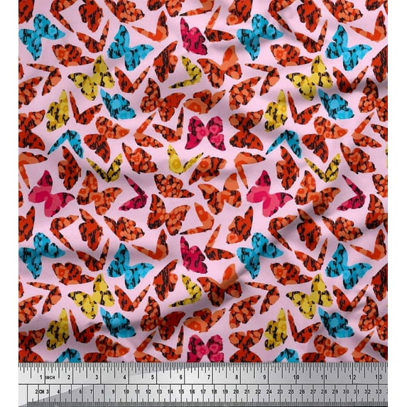 Soimoi Polyester Crepe Fabric Texture & Butterfly Print Fabric by Yard 42 Inch Wide