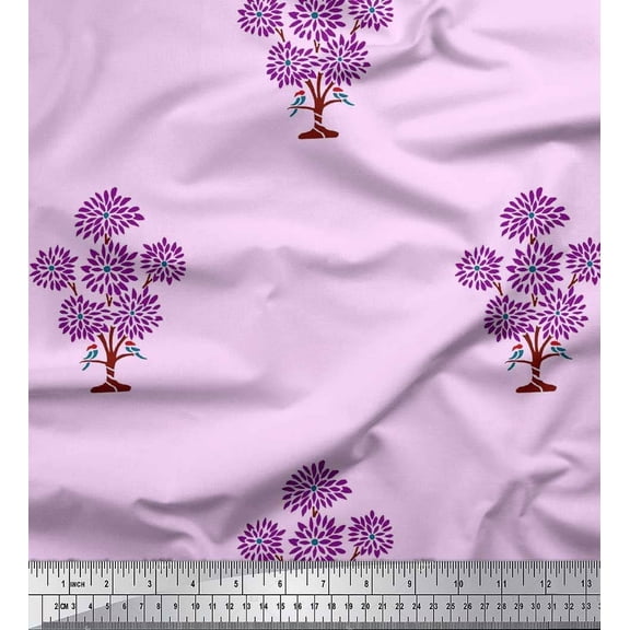 Soimoi Polyester Crepe Fabric Tree Block Print Fabric by Yard 42 Inch Wide