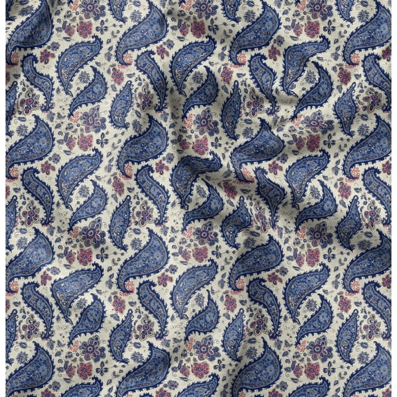 Soimoi Polyester Fleece Blue Fabric By the Yard - 56 Inch Wide - Leaves Paisley Patchwork - Nature's Beauty Enhanced with Paisley Patterns and Leaves Printed Fabric