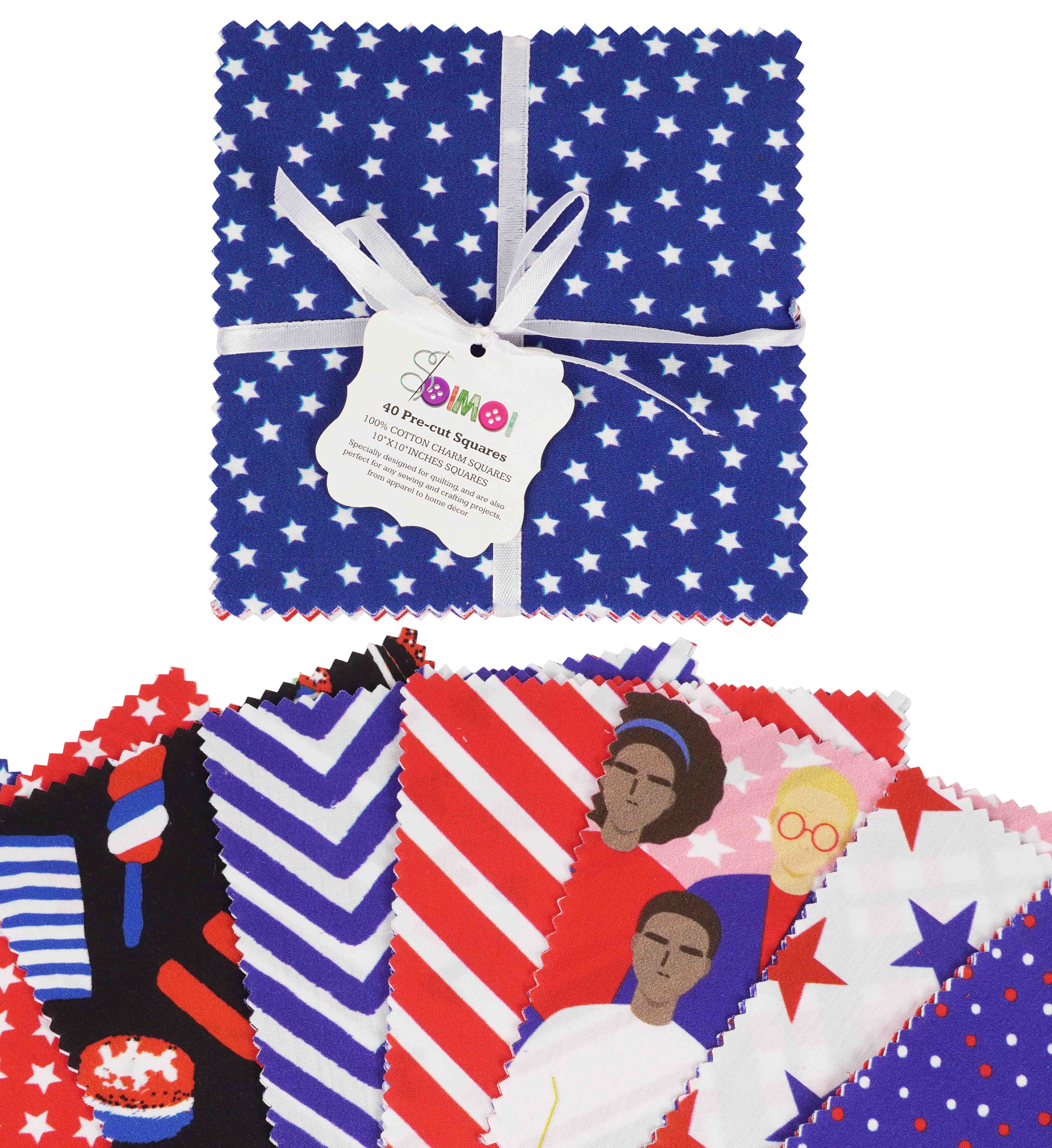 Soimoi Precut 10-inch American Flag Color Prints Cotton Fabric Bundle Quilting Squares Charm Pack DIY Patchwork Sewing Craft- Red, Blue & White