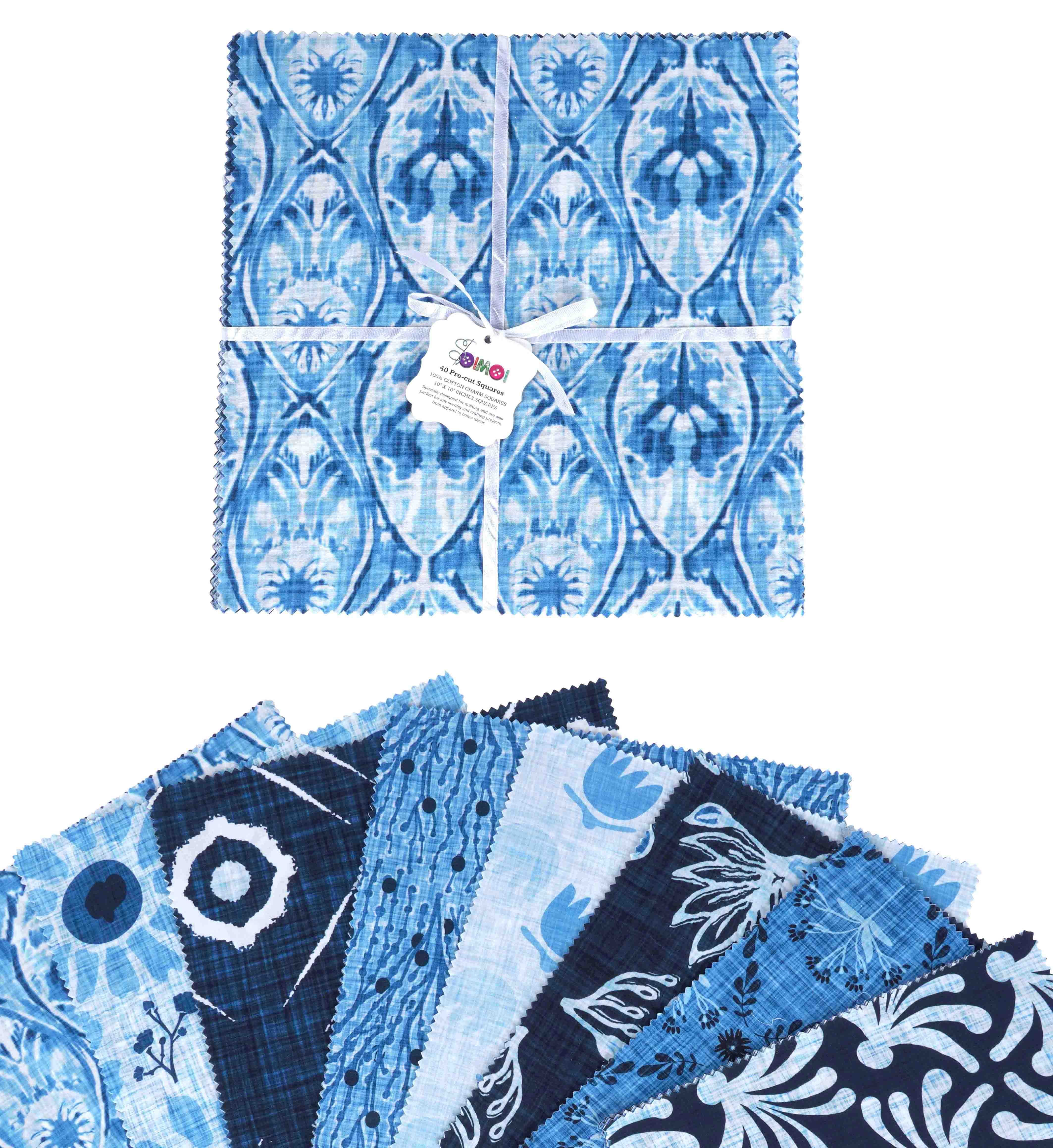 Soimoi Precut 10-inch Block Prints Cotton Fabric Bundle Quilting Squares Charm Pack DIY Patchwork Sewing Craft- Medium Blue
