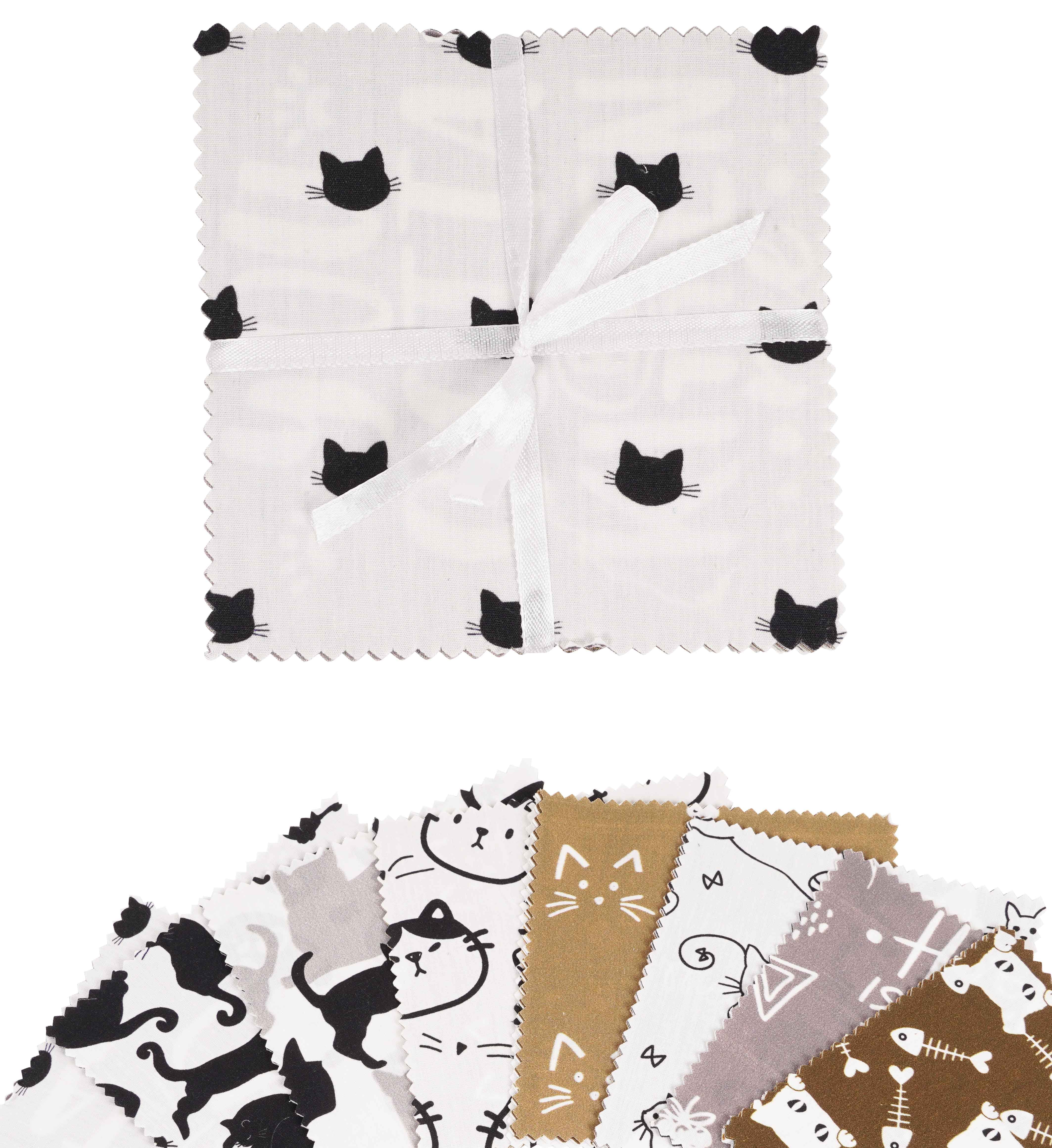 Soimoi Precut 10-inch Cat Prints Cotton Fabric Bundle Quilting Squares Charm Pack DIY Patchwork Sewing Craft- Brown, Grey, Black & White