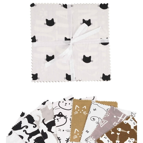 Soimoi Precut 10-inch Cat Prints Cotton Fabric Bundle Quilting Squares Charm Pack DIY Patchwork Sewing Craft- Brown, Grey, Black & White