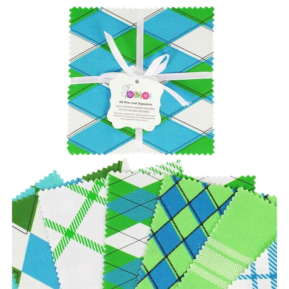Soimoi Precut 10-inch Check Prints Cotton Fabric Bundle Quilting Squares Charm Pack DIY Patchwork Sewing Craft- Light Green & Blue