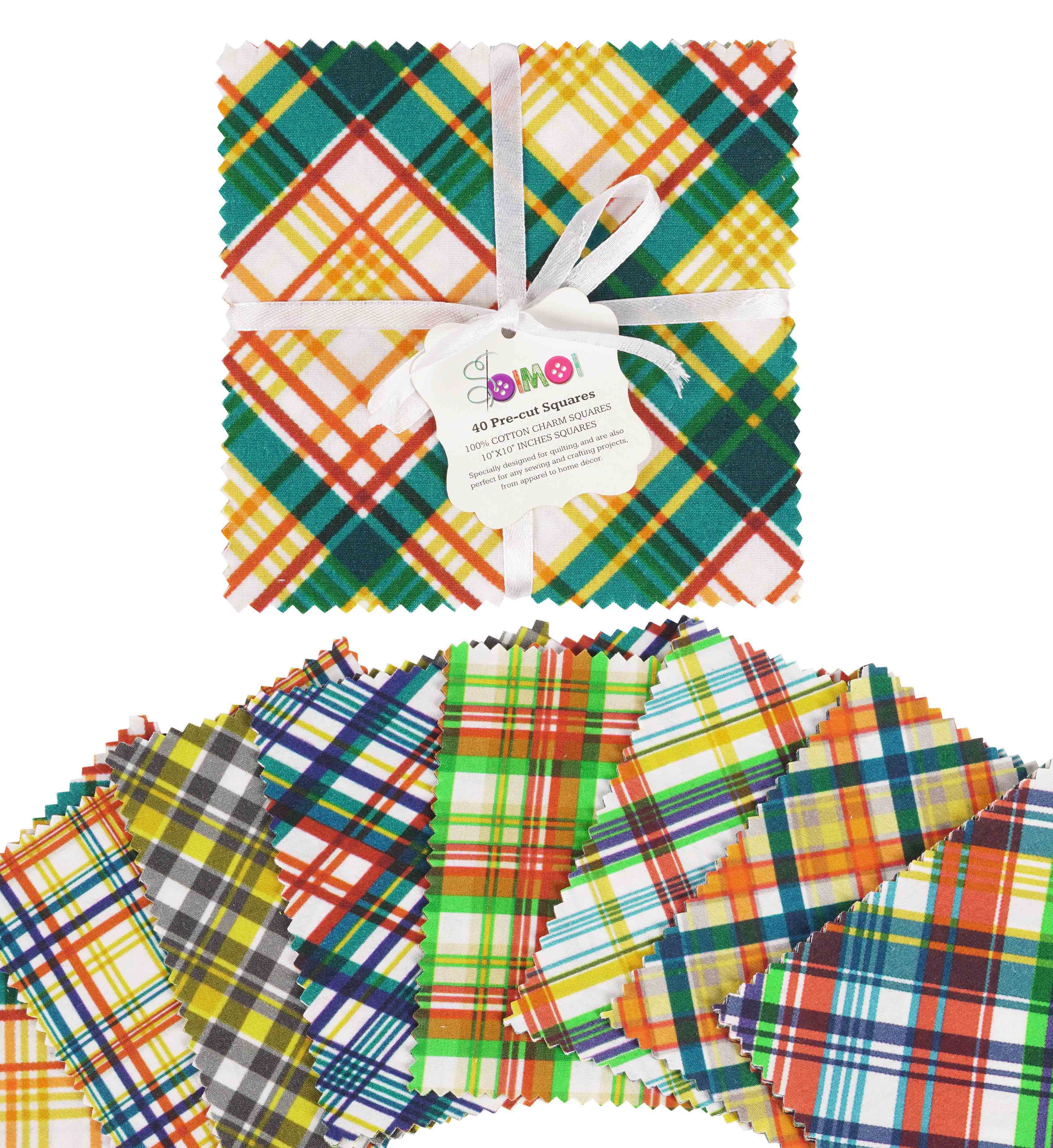 Soimoi Precut 10-inch Check Prints Cotton Fabric Bundle Quilting Squares Charm Pack DIY Patchwork Sewing Craft- Multicolor