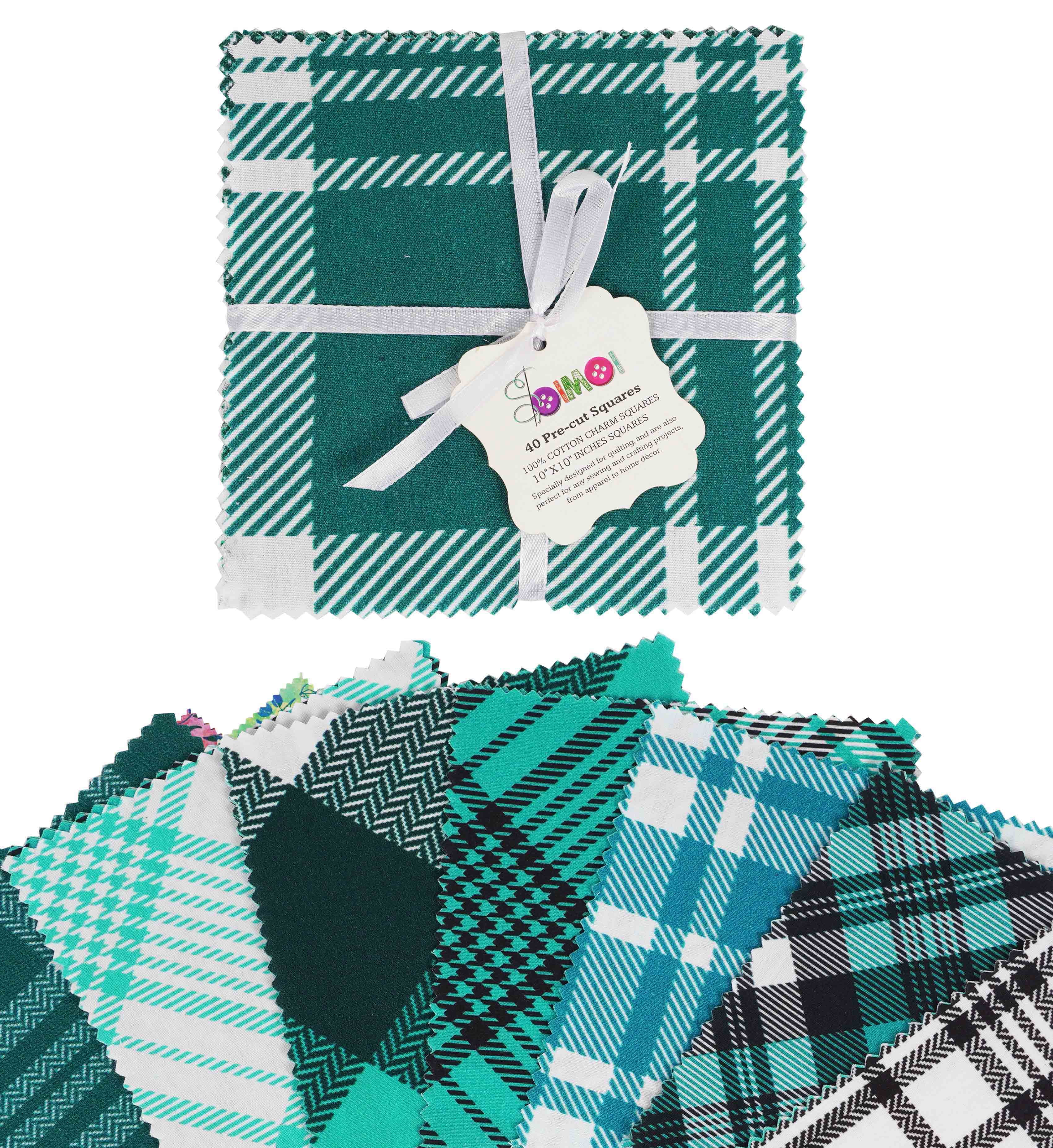 Soimoi Precut 10-inch Check & Tartan Prints Cotton Fabric Bundle Quilting Squares Charm Pack DIY Patchwork Sewing Craft- Blue & Green