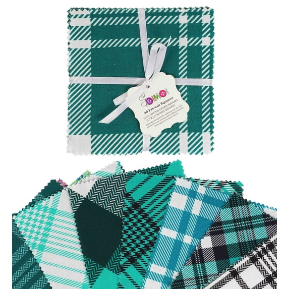 Soimoi Precut 10-inch Check & Tartan Prints Cotton Fabric Bundle Quilting Squares Charm Pack DIY Patchwork Sewing Craft- Blue & Green
