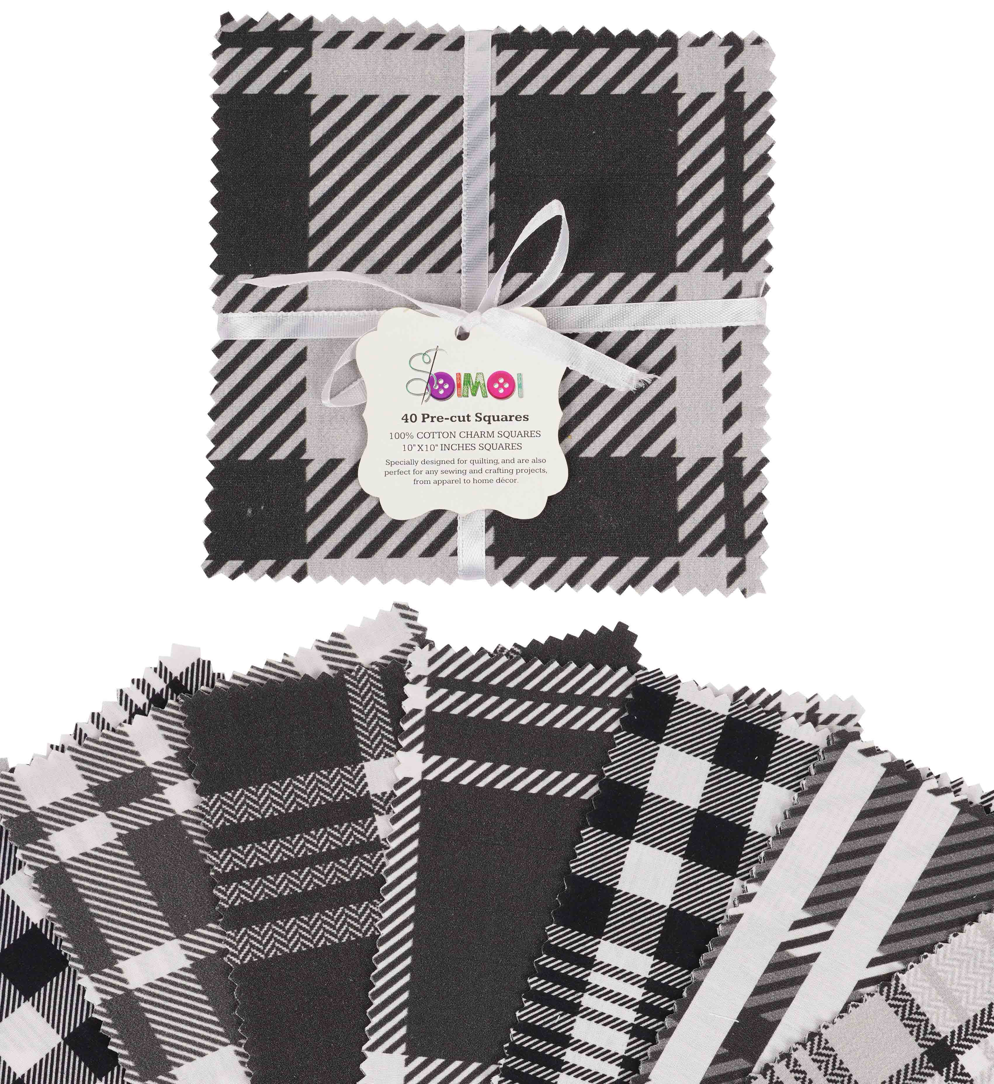 Soimoi Precut 10-inch Check & Tartan Prints Cotton Fabric Bundle Quilting Squares Charm Pack DIY Patchwork Sewing Craft- White & Black