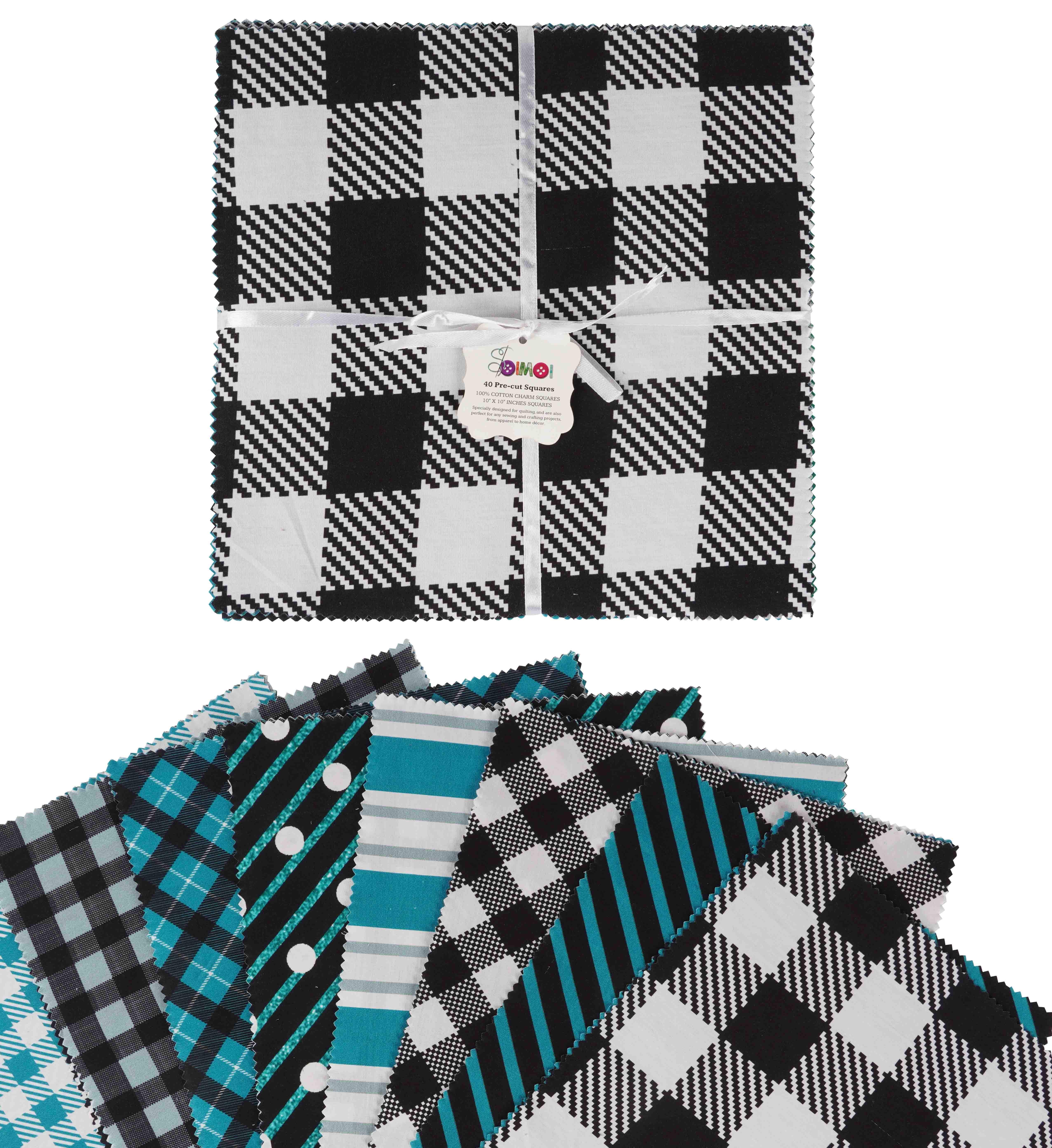 Soimoi Precut 10-inch Checks & Stripes Prints Cotton Fabric Bundle Quilting Squares Charm Pack DIY Patchwork Sewing Craft- Blue & Black
