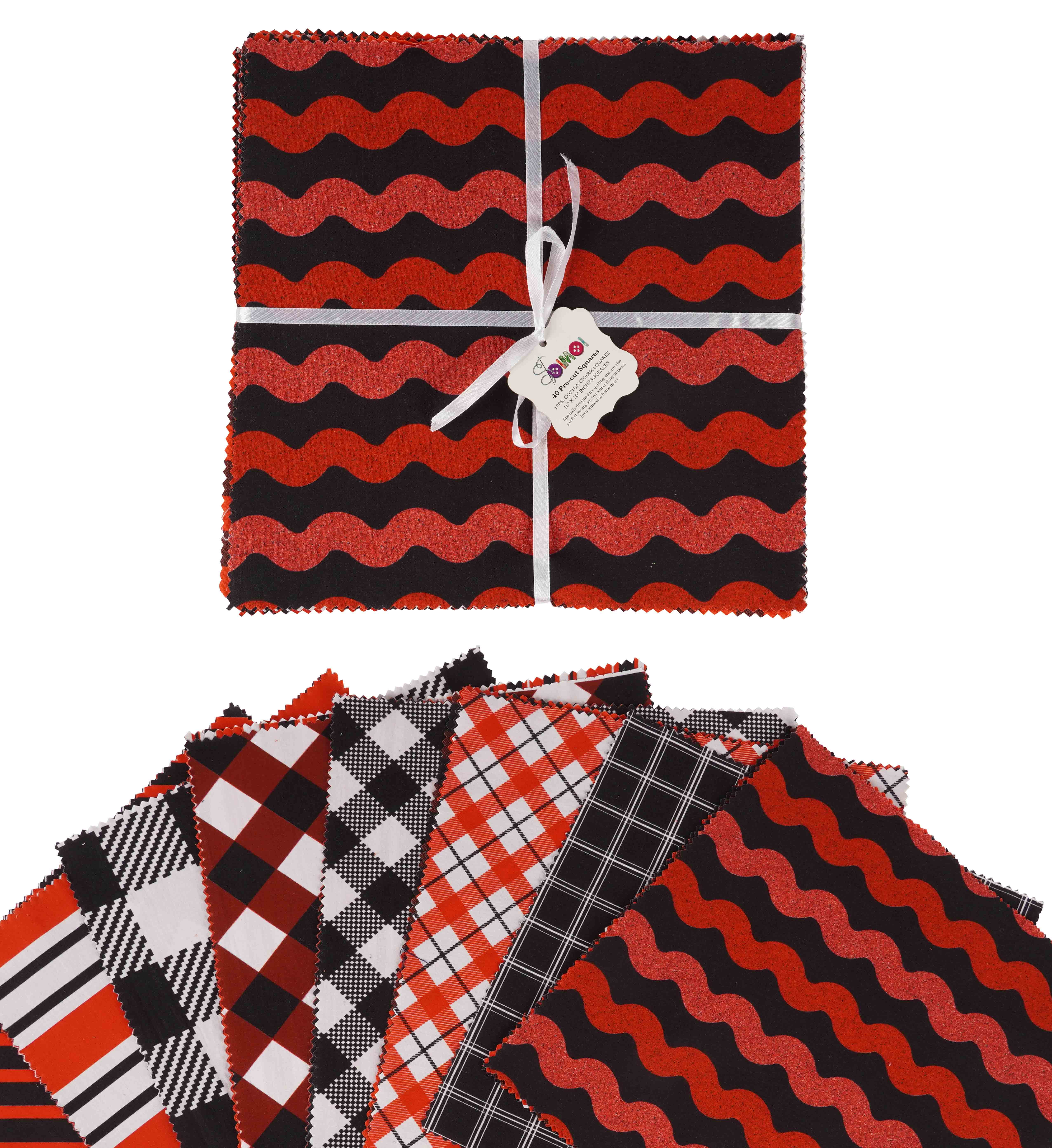 Soimoi Precut 10-inch Checks & Stripes Prints Cotton Fabric Bundle Quilting Squares Charm Pack DIY Patchwork Sewing Craft- Red & Black