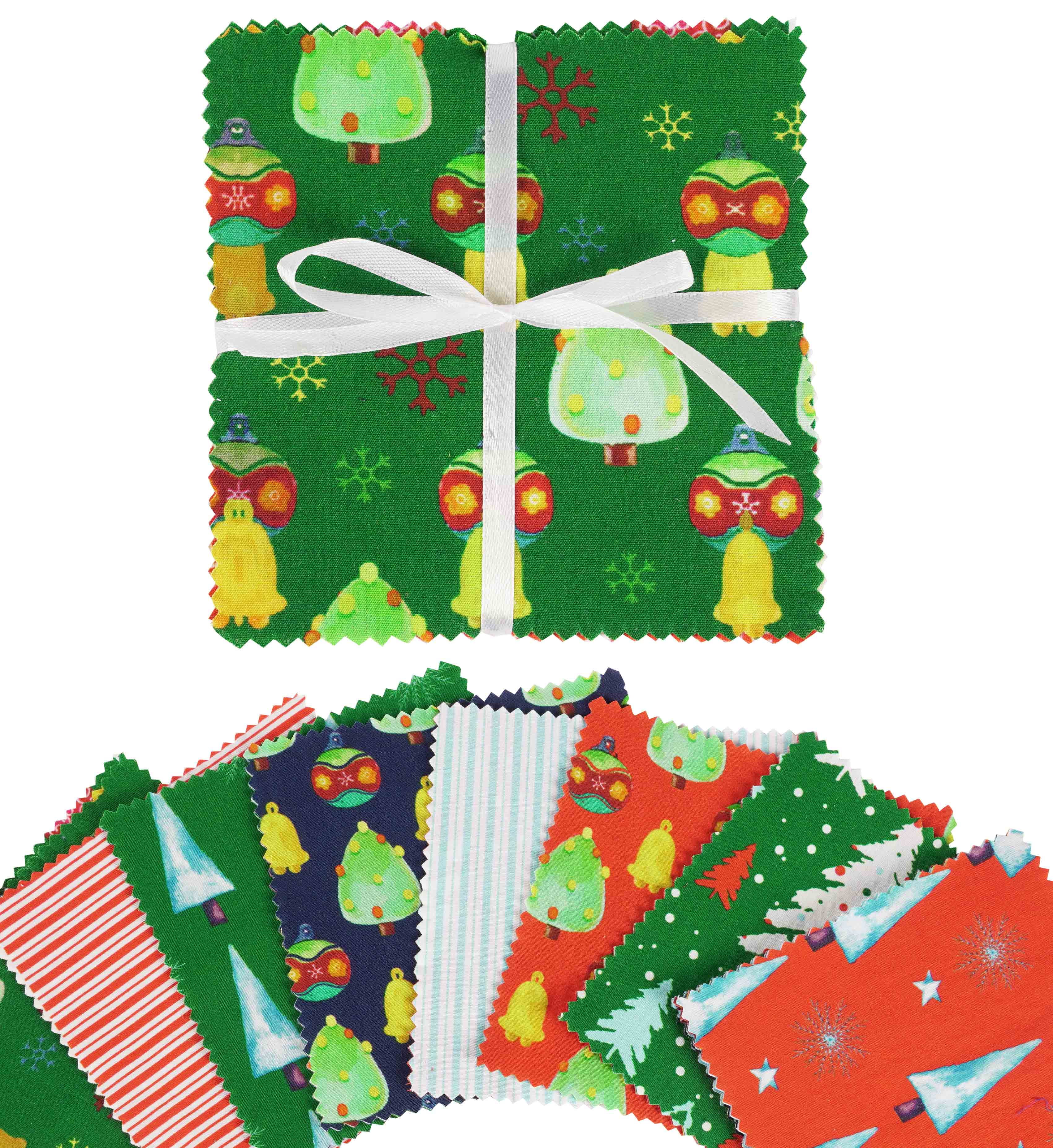 Soimoi Precut 10-inch Christmas Prints Cotton Fabric Bundle Quilting Squares Charm Pack DIY Patchwork Sewing Craft- Green Red Blue