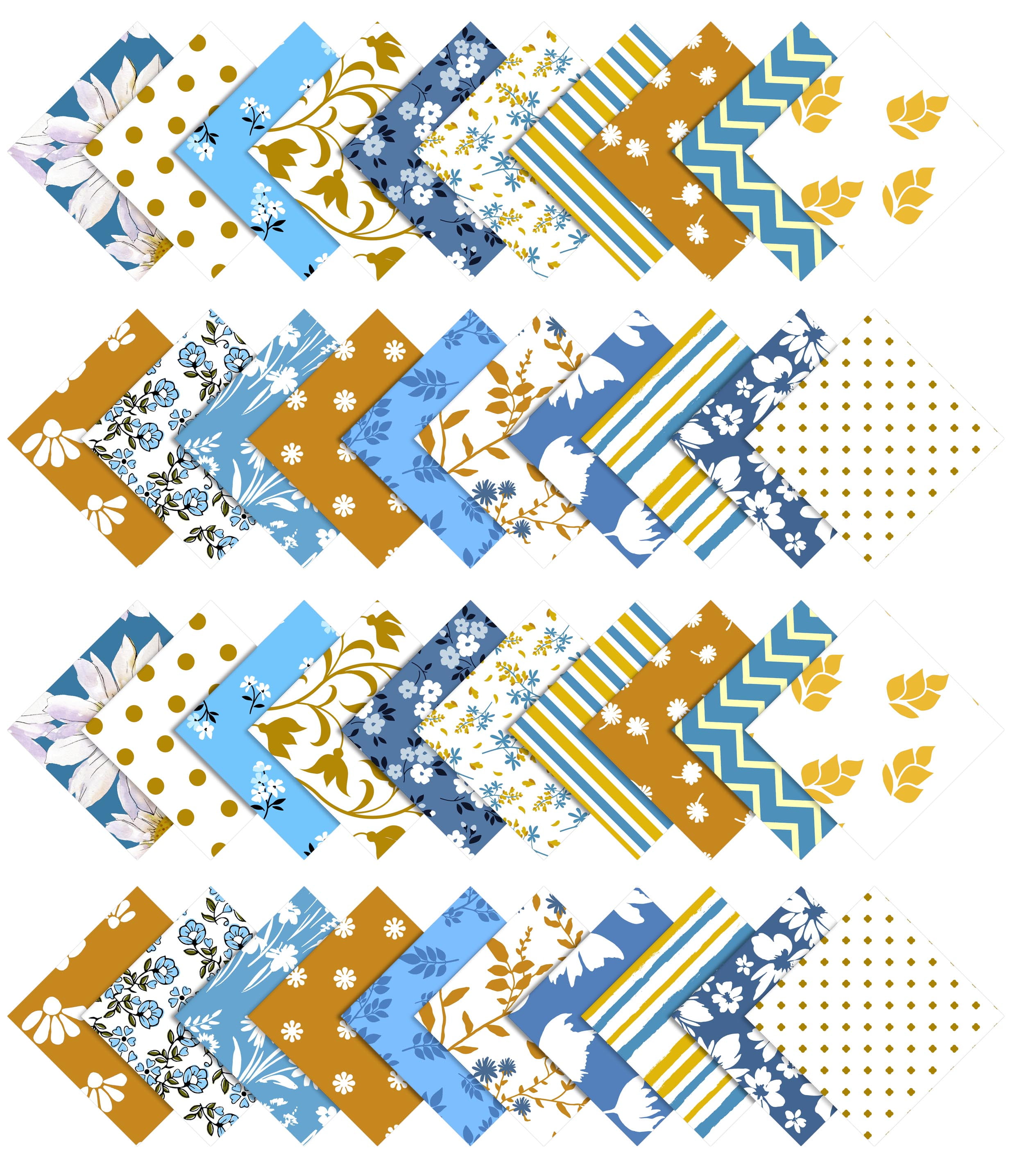 Soimoi Precut 10-inch Florals Prints Cotton Fabric Bundle Quilting Squares Charm Pack DIY Patchwork Sewing Craft- Mustard- Blue- White