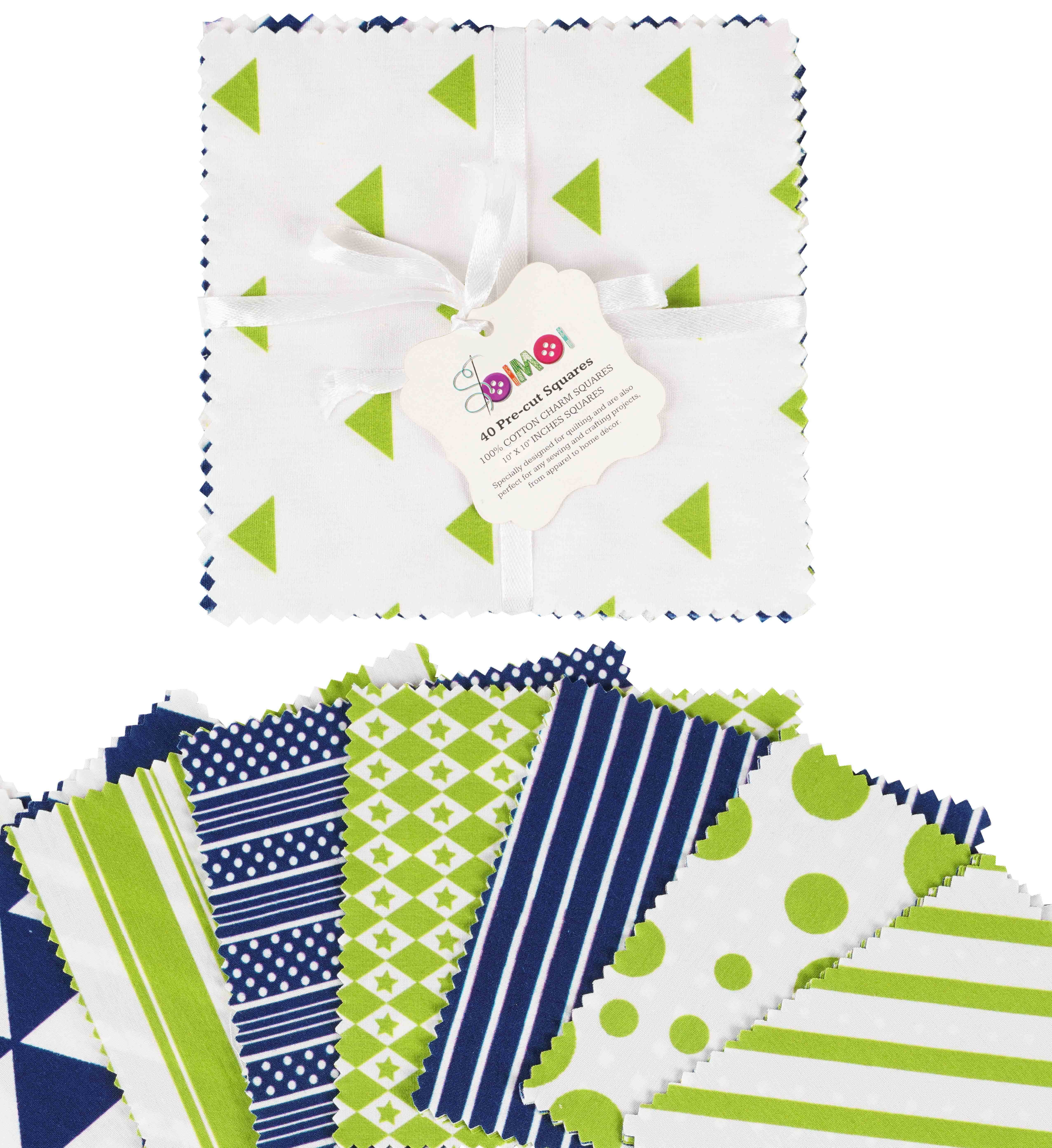 Soimoi Precut 10-inch Geometric Patterns Prints Cotton Fabric Bundle Quilting Squares Charm Pack DIY Patchwork Sewing Craft- Blue & Green