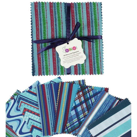 Soimoi Precut 10-inch Geometric Patterns Prints Cotton Fabric Bundle Quilting Squares Charm Pack DIY Patchwork Sewing Craft- Blue