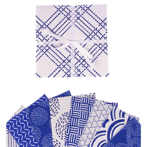 Soimoi Precut 10-inch Japanese Sashiko Prints Cotton Fabric Bundle Quilting Squares Charm Pack DIY Patchwork Sewing Craft- White & Blue