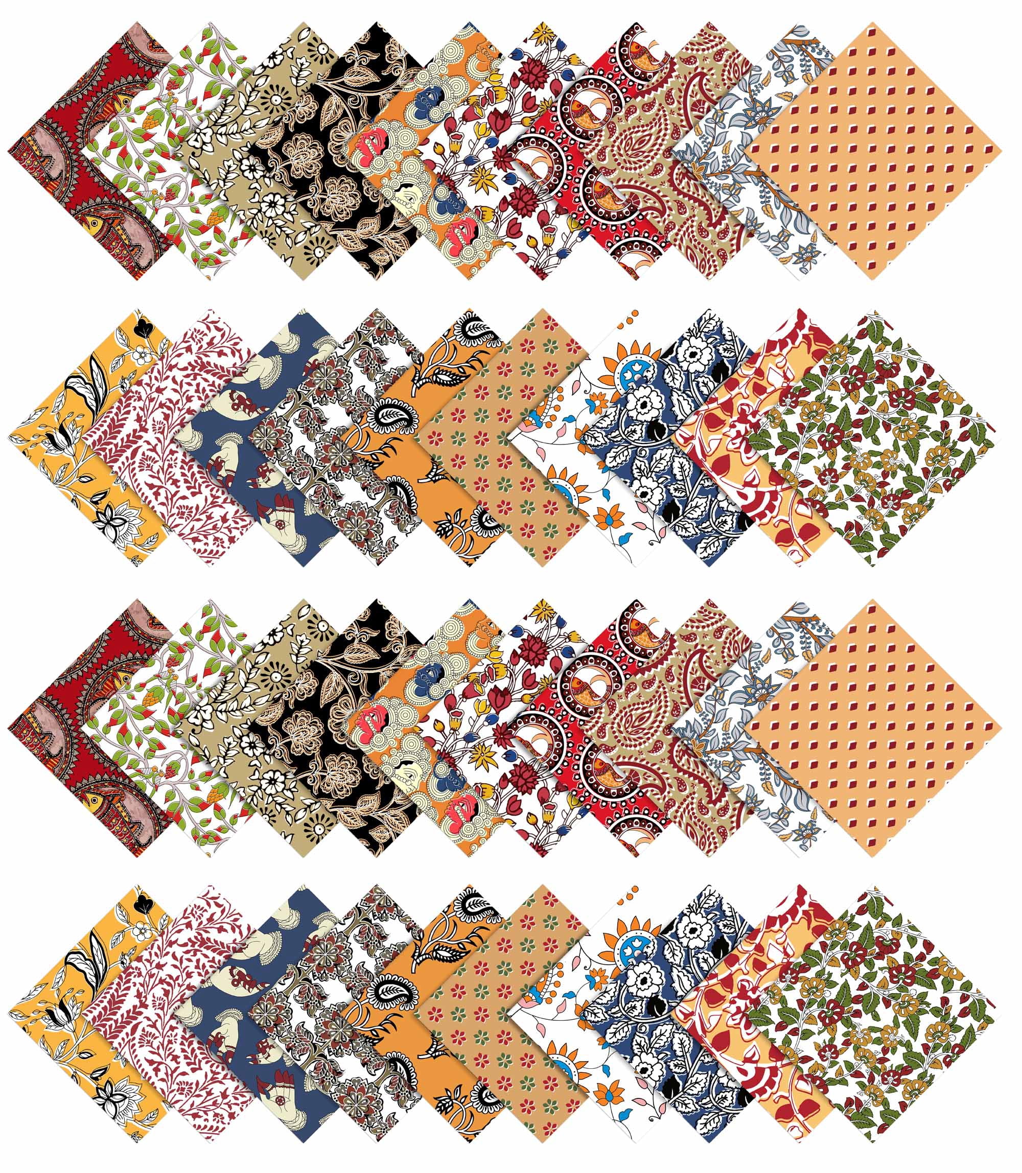 Soimoi Precut 10-inch Kalamkari Prints Cotton Fabric Bundle Quilting Squares Charm Pack DIY Patchwork Sewing Craft- Multicolor
