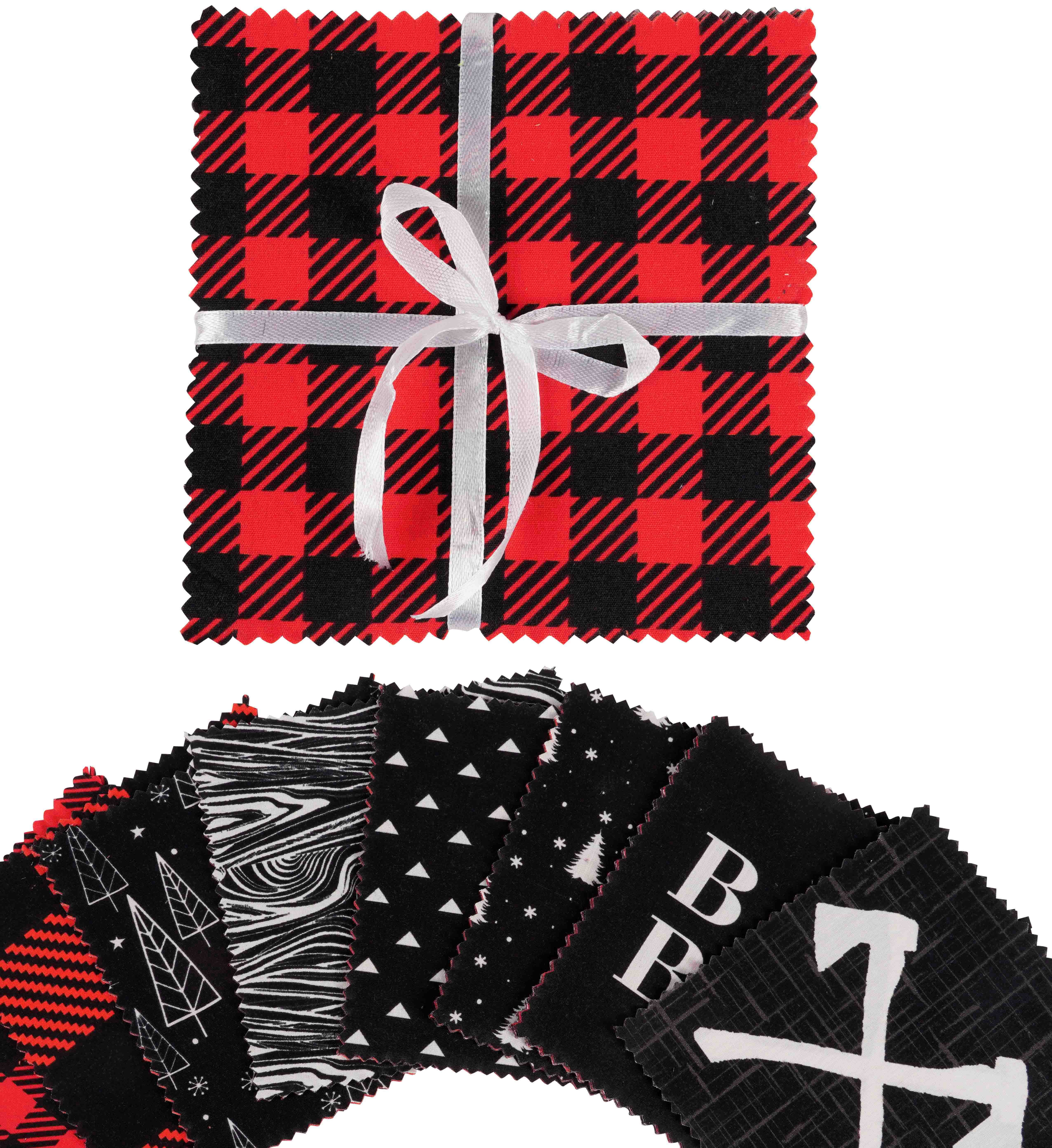 Soimoi Precut 10-inch Lumberjack Theme Prints Cotton Fabric Bundle Quilting Squares Charm Pack DIY Patchwork Sewing Craft- Red & Black