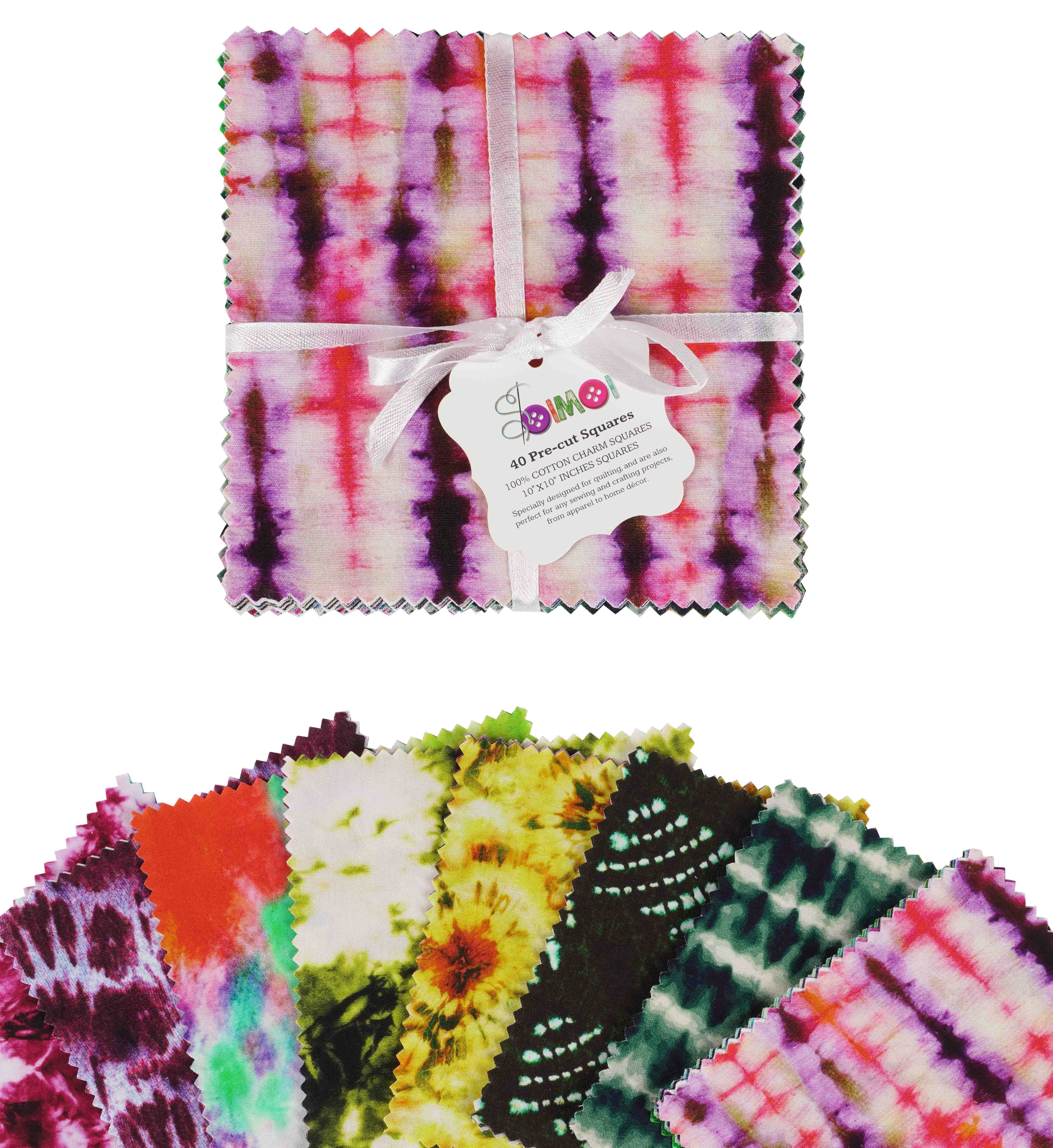 Soimoi Precut 10-inch Tie & Dye Prints Cotton Fabric Bundle Quilting Squares Charm Pack DIY Patchwork Sewing Craft- Multicolor