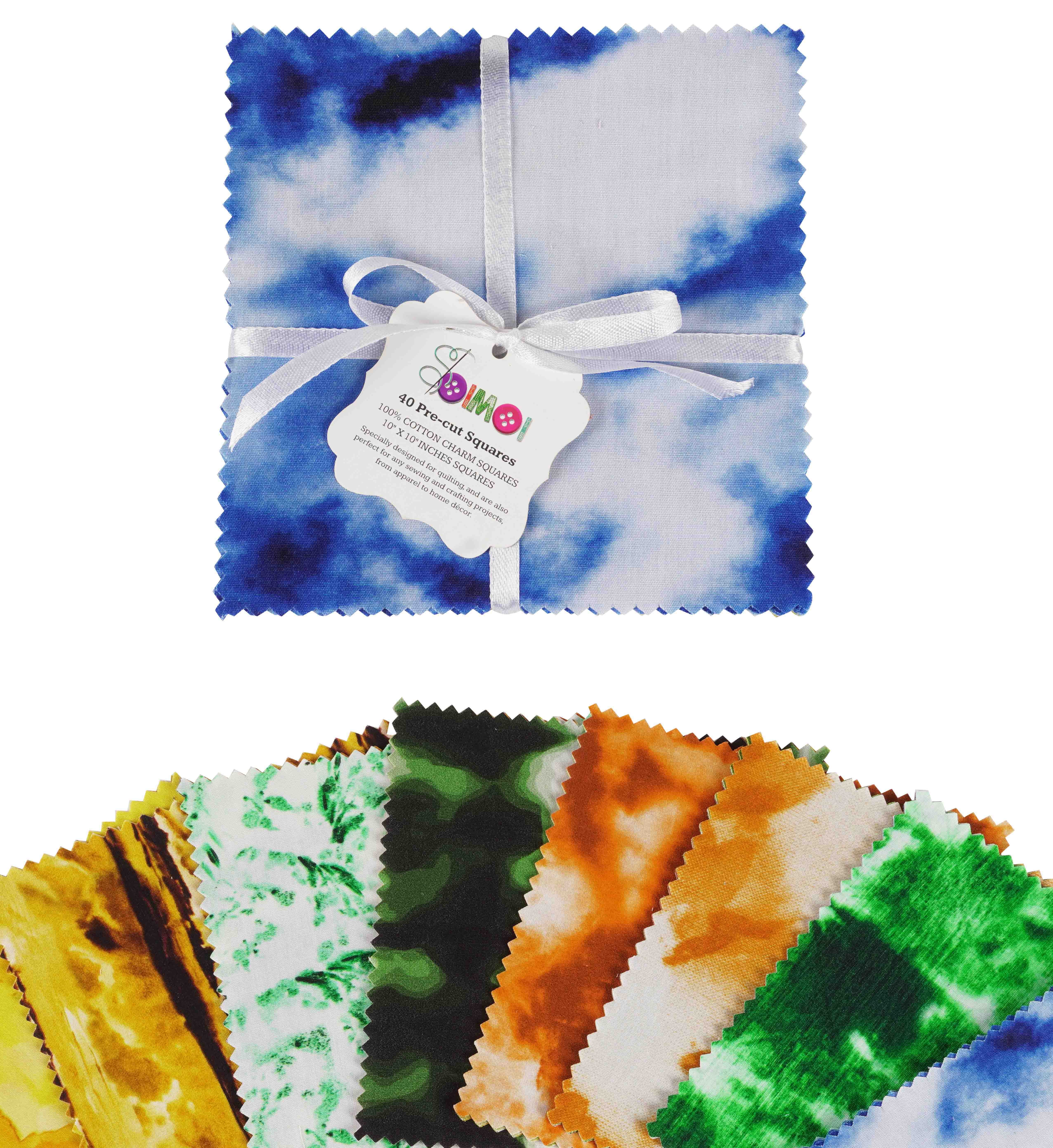 Soimoi Precut 10-inch Tie & Dye Prints Cotton Fabric Bundle Quilting Squares Charm Pack DIY Patchwork Sewing Craft- Multicolor
