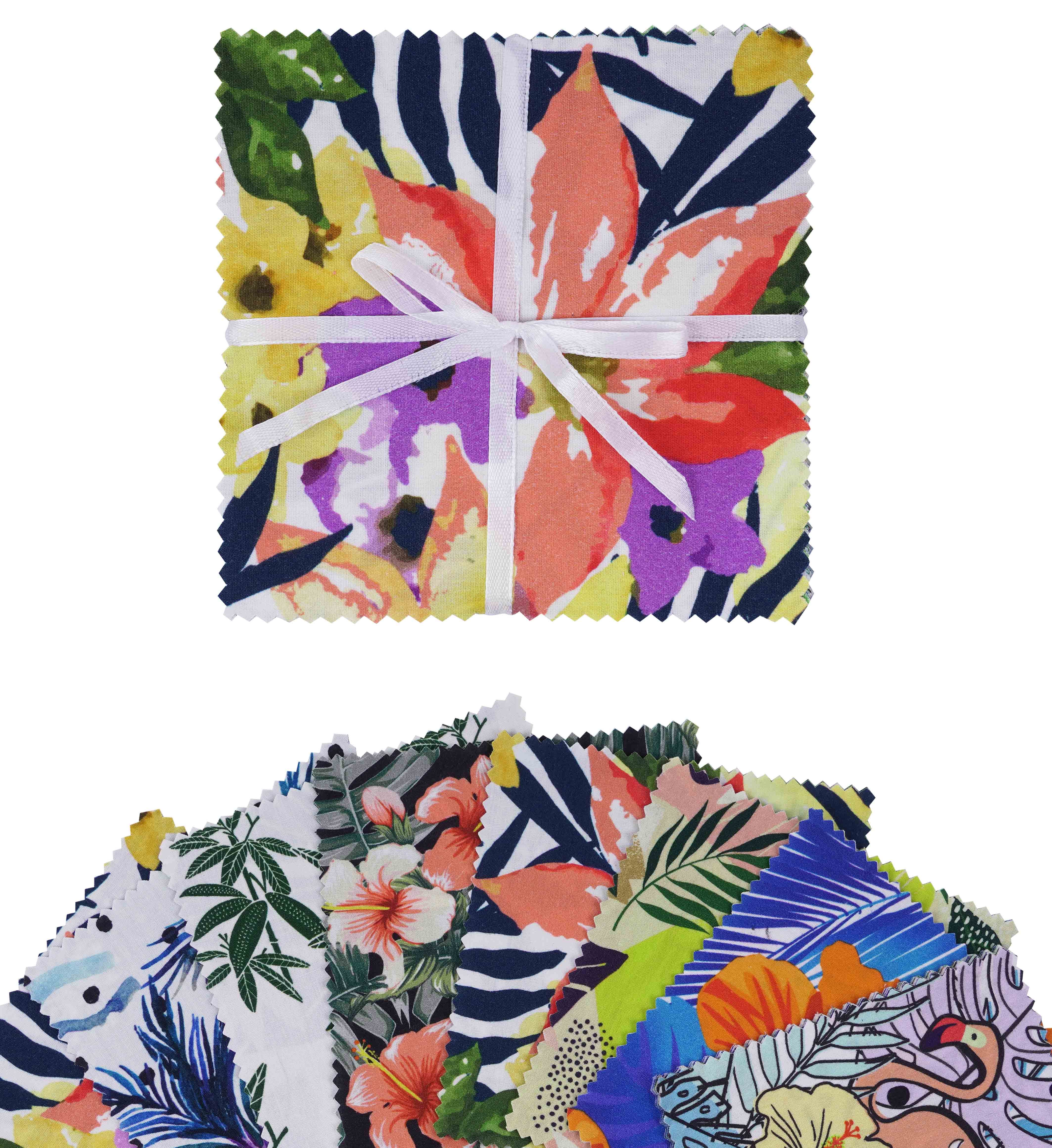 Soimoi Precut 10-inch Tropical Prints Cotton Fabric Bundle Quilting Squares Charm Pack DIY Patchwork Sewing Craft- Multicolor-JK