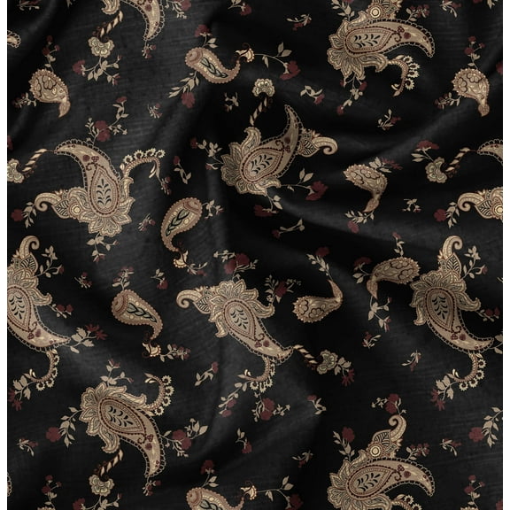 Soimoi Pure Silk Black Fabric By the Yard - 42 Inch Wide - Paisley Pattern Fabric - Botanical and Elegant Designs for Various Uses Printed Fabric