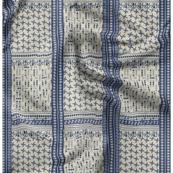 Soimoi Pure Silk Blue Fabric By the Yard - 42 Inch Wide - Ethnic Geometric Material - Artistic and Modern Patterns for Various Uses Printed Fabric