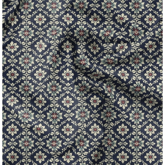 Soimoi Pure Silk Blue Fabric By the Yard - 42 Inch Wide - Floral Damask Pattern Textile - Graceful and Whimsical Designs for Apparel and Crafts Printed Fabric