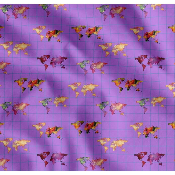 Soimoi Purple Cotton Cambric Fabric Check & World Map Print Fabric by the Yard 42 Inch Wide