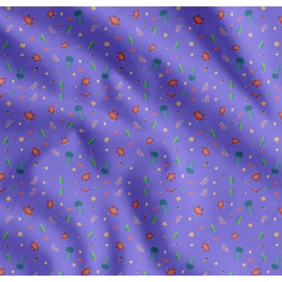 Soimoi Purple Cotton Cambric Fabric Crab & Jellyfish Ocean Print Fabric by the Yard 56 Inch Wide