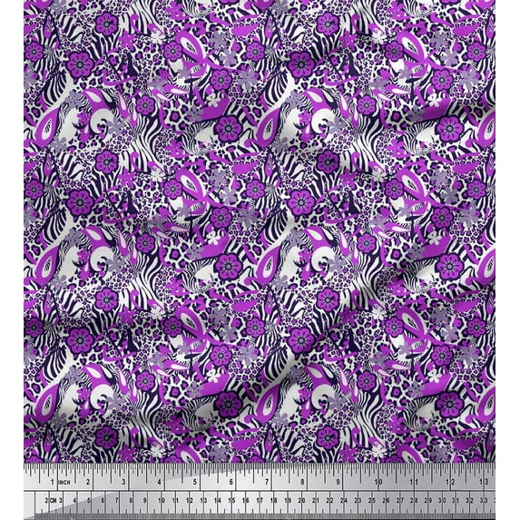 Soimoi Purple Cotton Cambric Fabric Floral,Leopard & Wild Animal Skin Printed Craft Fabric by The Yard 42 Inch Wide