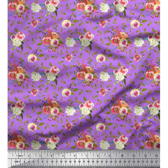 Soimoi Purple Cotton Cambric Fabric Leaf Floral Print Sewing Fabric Yard 56 Inch Wide
