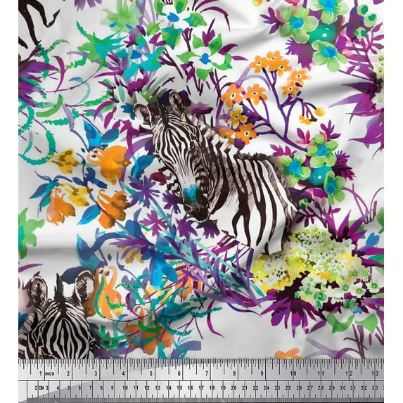 Soimoi Purple Cotton Cambric Fabric Leaves,Floral & Face Animal Printed Fabric 1 Yard 56 Inch Wide