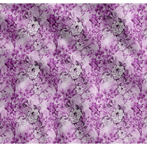 Soimoi Purple Cotton Cambric Fabric Leaves,Periwinkle & Camellia Floral Decor Fabric Printed Yard 42 Inch Wide