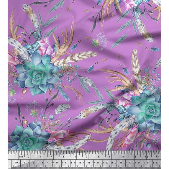 Soimoi Purple Cotton Cambric Fabric Leaves,Pink & Blue Floral Printed Fabric 1 Yard 56 Inch Wide