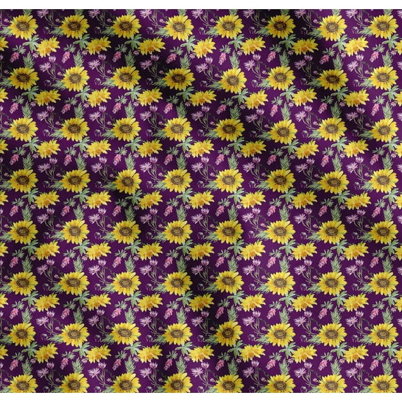 Soimoi Purple Cotton Cambric Fabric Leaves & Sunflower Floral Decor Fabric Printed Yard 42 Inch Wide