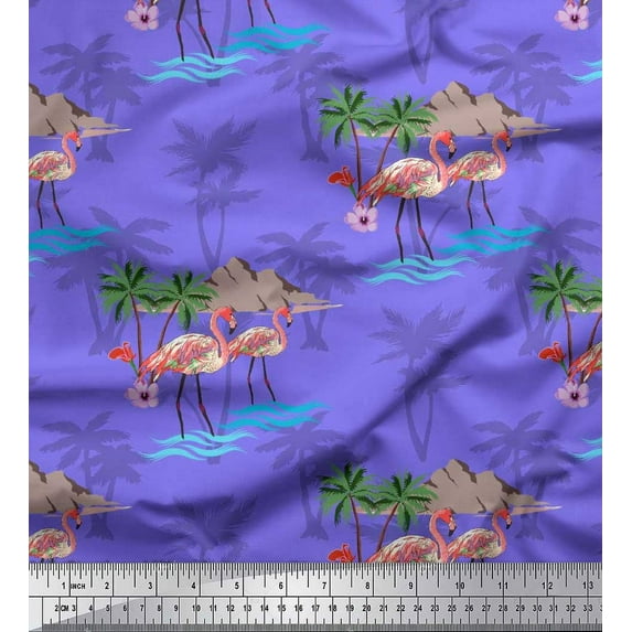 Soimoi Purple Cotton Cambric Fabric Palm Tree, & Flamingo Bird Printed Fabric 1 Yard 42 Inch Wide